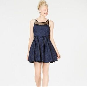 TRIXXI NWT Illusion Rose Textured Fit + Flare Formal Mini Dress Blue Black Sz 11